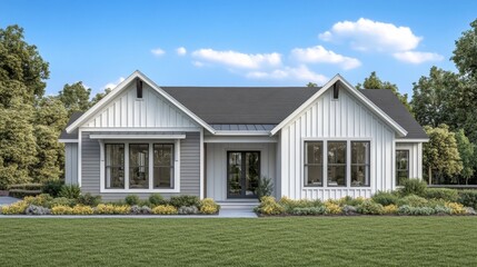 White vertical siding and gray accents adorn this single-level home. It has large windows, a front porch, and a tidy landscape.