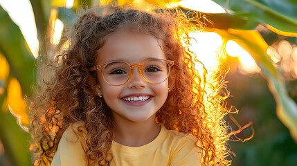Young girl with curly red hair and glasses smiling brightly in natural sunlight, wearing yellow shirt against green foliage background, radiating joy and innocence.