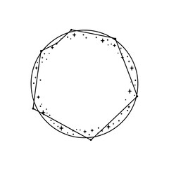 Celestial Frame: A hand-drawn circular frame design with a celestial theme, featuring a heptagon inscribed within a circle, adorned with small stars for a mystical and enchanting effect.