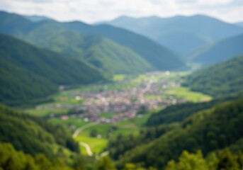 Obraz premium Mountain Valley Village Bokeh. Serene vista captures a distant community embraced by lush hills. The defocused setting conveys peace and tranquil harmony.