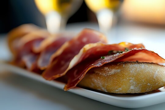 Spanish cured ham serrano slices served on fresh crusty bread rolls as traditional tapas appetizer with blurred wine glasses in background. - Powered by Adobe