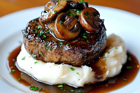 Juicy grilled beef tenderloin steak topped with sauteed mushrooms, served on creamy mashed potatoes with rich brown gravy sauce and fresh herbs garnish.