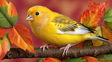 Fototapeta premium A yellow bird perched on a branch surrounded by colorful autumn leaves