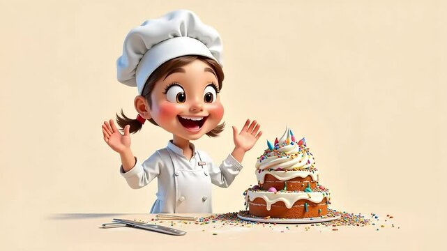 Smiling baker girl decorating cake with colorful sprinkles for fun baking creativity