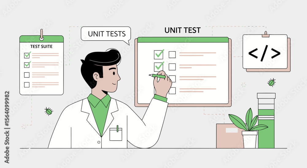 Poster software testing vector illustration with tester and checklist for quality assurance