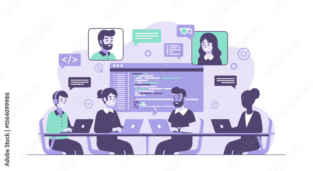 Poster software team collaboration on programming code during online video conference