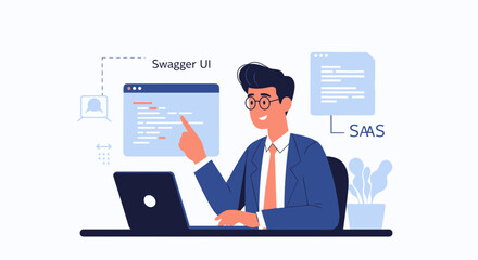 Software Engineer Analyzing Swagger Ui And Saas Platform Development Vector Illustration