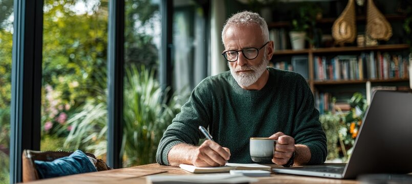 A senior man with glasses sits at a wooden table, writing in a notebook, holding a mug, with a laptop and books nearby; a sunlit garden is visible through large windows - Powered by Adobe