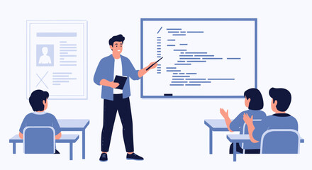Teacher Explains Code with Students in A Classrom Setting Illustration