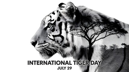 Black and white double exposure of a tiger and forest landscape celebrating international tiger day