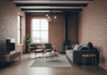 Fototapeta premium Warm Urban Loft Interior Blur. Defocused view of a modern apartment living area with exposed brick walls and comfortable furnishings, evoking privacy and a cozy ambiance.