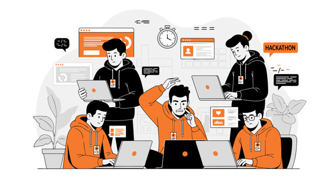 Teamwork At A Hackathon Coding Event With Developers Collaborating Together