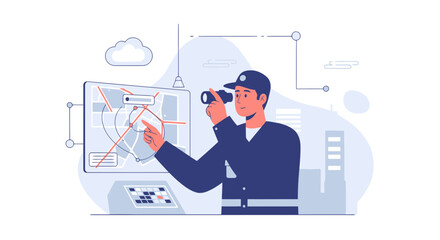 Urban Analyst Inspecting City Plans With Binoculars At Control Center