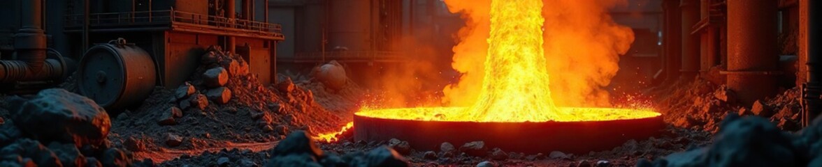 Fototapeta premium Molten Steel Boils and Bubbles in a Fiery Industrial Furnace Extreme Heat, Glowing Orange and White Light, High-Temperature Steel Production Process