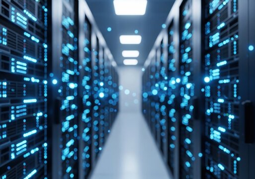 Digital Data Server Room Infrastructure. A high tech computing facility illuminated by vivid blue light particles, representing secure information flow, immense processing capabilities, and global.