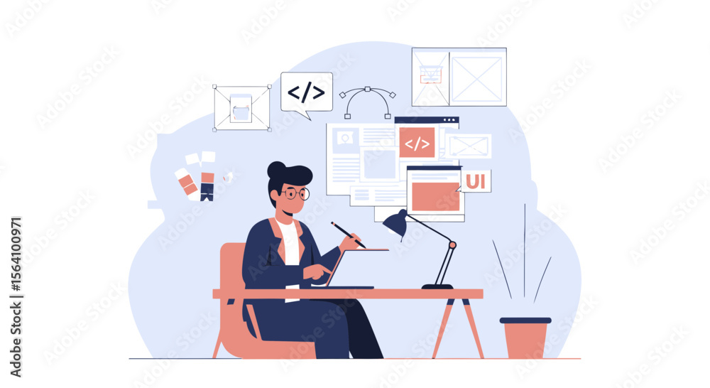 Poster woman developer working on website design and coding at desk using laptop