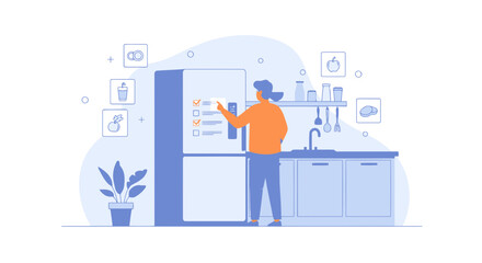 Woman Planning Meal With Smart Fridge App In Minimalist Kitchen Illustration