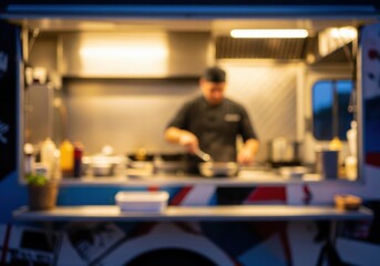 Obraz premium Food Truck Chef Prepares Night Meal. Vibrant atmosphere of a cook crafting dishes inside a mobile eatery at dusk. The blurred motion conveys dynamic culinary energy and authentic urban street food.