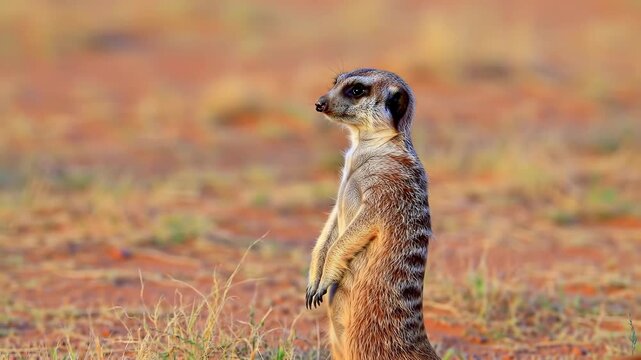 Meerkat standing alert in a grassy field with a blurred background