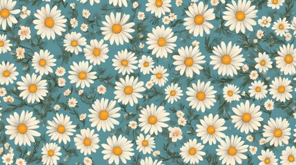 Seamless Pattern Delicate Daisies Teal Background Floral Design