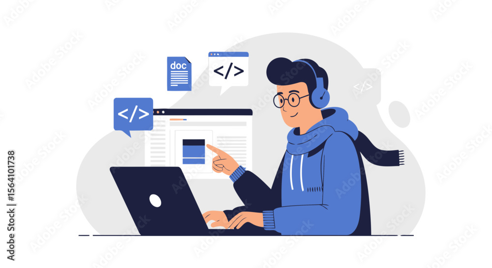 Poster young programmer focused on coding wearing headphones working on project