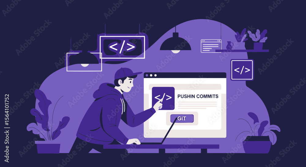 Poster young programmer pushing commits with code design and vector illustration style