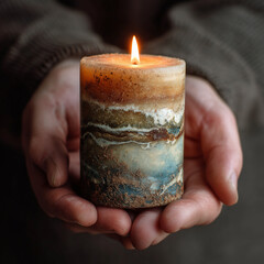 Handmade candle in hands with no flame