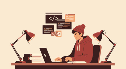 Young Programmer Working on Laptop with Code Snippets in Cozy Room Illustration