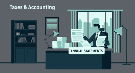 Accountant Reviewing Annual Statements In The Office With City View