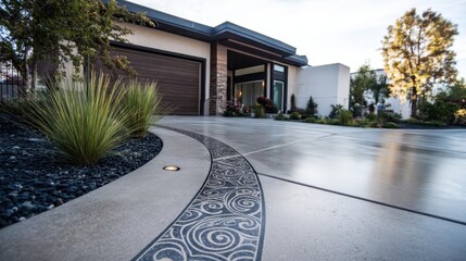 Swirls and other decorative elements are embedded in the concrete driveway leading to a modern house, illuminated by ground lights and surrounded by landscaping
