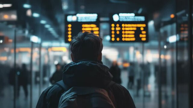 Man with Backpack at Train Station Checking Departure Board Inside Terminal