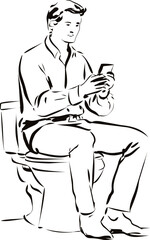 Man sitting on toilet using smartphone in monochrome line art. Vector illustration in sketch style