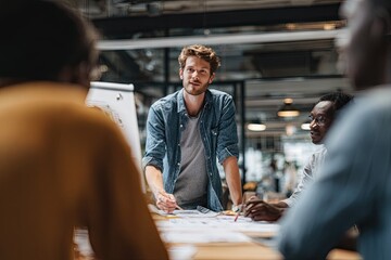 A young man leads a small team meeting, gesturing towards documents spread across a wooden table in a modern, industrial-style office space