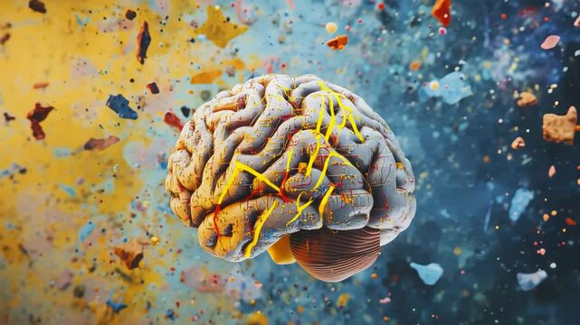 Human Brain Exploding into Colorful Fragments Against Dynamic Abstract Background