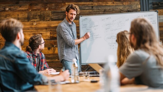 A young man leads a brainstorming session, presenting ideas on a whiteboard to a small group seated around a wooden table in a rustic office - Powered by Adobe