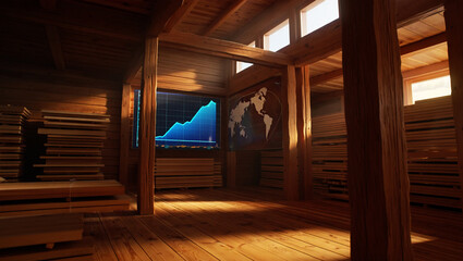 Wooden interior with financial graph and world map data visualization analytics