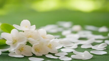 Fototapeta premium Beautiful White Flowers with Petals on Green Background