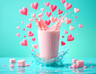 Hearts and a floating milk carton on a blue background.