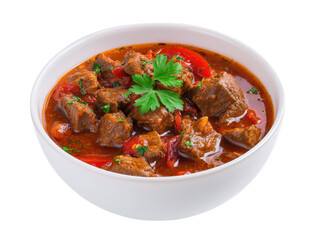 Hearty Beef Stew in a White Bowl with Fresh Parsley Garnish, a Delicious and Warming Meal