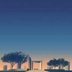 Obraz premium minimal-skyline-with-stage-and-trees,-flat-design,-crisp-edges,-high-detail-overlay