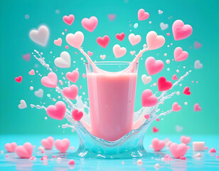 Hearts and a floating milk carton on a blue background.