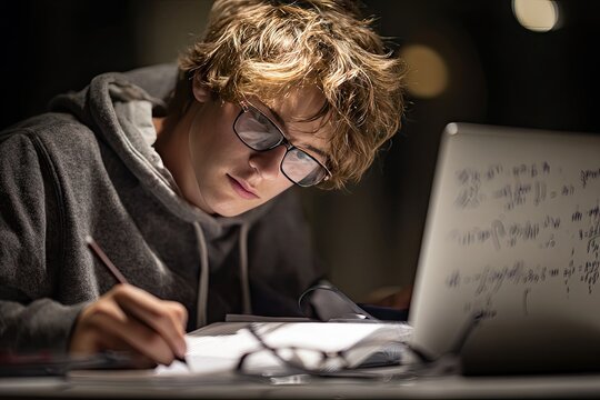 A young man with blond hair and glasses intently studies, writing on papers illuminated by a laptop screen displaying complex equations in a dimly lit room