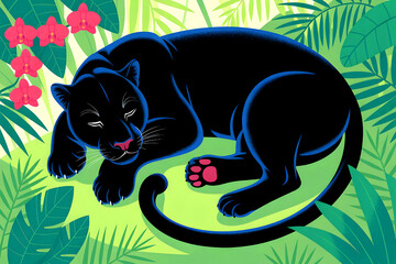 A panther dozing amid verdant foliage and plants.