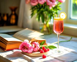 A still life featuring pink flowers and mimosas for a spring brunch.