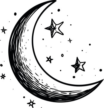 Naklejki Black and white sketch of crescent moon with stars. Vector illustration