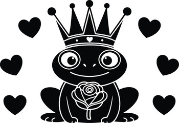 Frog Prince with a Crown and Rose Surrounded by Hearts A Charming Fairytale Illustration for Childrens Decor Silhouette Vector Illustration