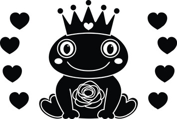 Charming Frog Prince Adorned with Crown and Rose Surrounded by Hearts Silhouette Vector Illustration