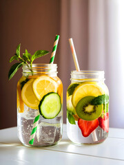 Mason jars filled with refreshing fruit-infused water for summer.