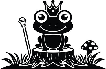 Whimsical Frog Prince Illustration With Mushroom, Scepter, and Crown in a Forest Clearing on a Tree Stump