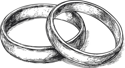Black and white illustration of two intertwined wedding rings. Vector illustration in sketch style